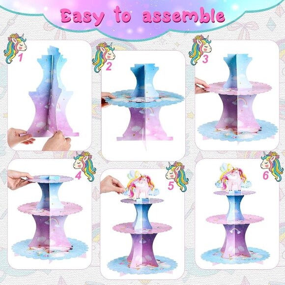 3 Tier Unicorn Cupcake Stand Watercolor Unicorn Cardboard Cupcake Holder New - Picture 6 of 8